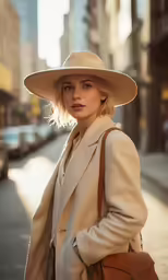 a woman in a hat stands on the street