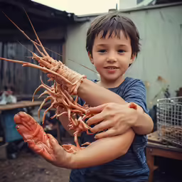 a boy holding large shrimp bones and cleats in his hands