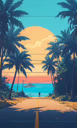 a person walks down a deserted road near the ocean,the sun is setting behind palm trees along an asphalt road