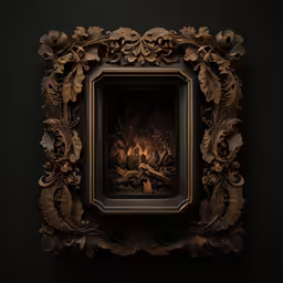 a wood frame containing a fire and foliage