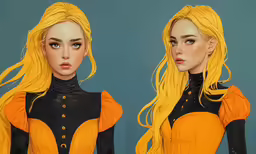 two paintings showing the sides of a model in an orange dress and black jacket
