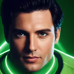 a man with a green shirt and black hair in front of a neon glowing circle