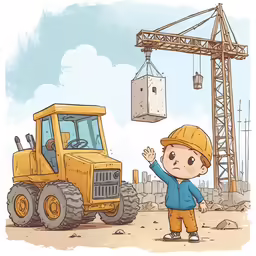 a little boy looking at a crane with his hand out and a yellow construction truck in the background