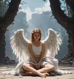 a beautiful young woman wearing white wings posing for a photo