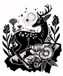 a deer is standing in the middle of an image,a deer silhouetted against a background with flowers