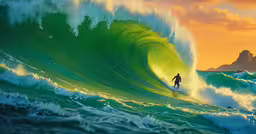 a man riding a wave on top of a surfboard,a painting of surfers and the crashing waves at sunset