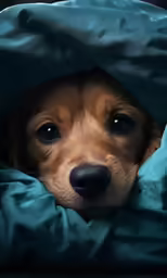 an animal is peeking out from under a blue blanket