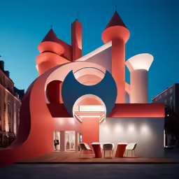 a building with a red and white color scheme