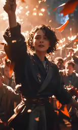 a girl with curly hair in a dark outfit, holds her arm up to the sky