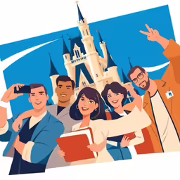 several people standing around in front of a castle with an open book