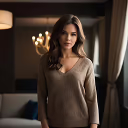 a woman wearing a sweater standing in a room