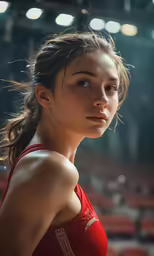 a woman poses for a portrait at an indoor arena