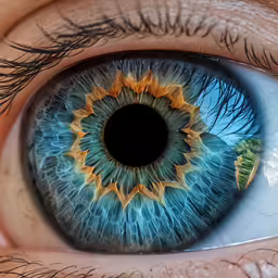 the center portion of an eye is open and blue with green leaves