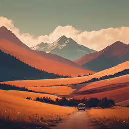 two cars driving down the road in a mountainous area,car driving on road through a mountain range