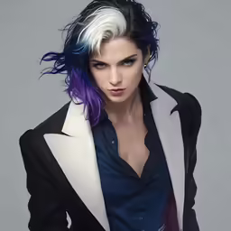 a woman with colorful hair posing for the camera