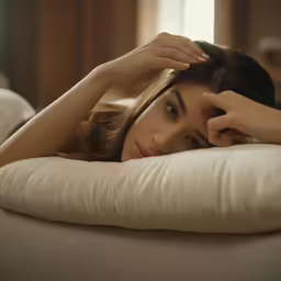 a girl laying on a couch with her hands in the head