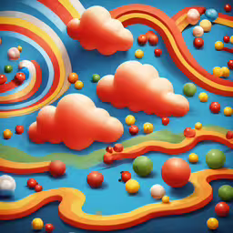 the sky is made up of colorful, clouds and candy,there is many balls floating in the sky