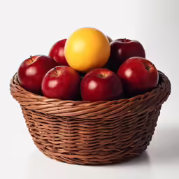 a basket full of apples and an orange in it