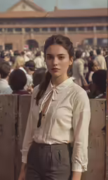 a woman posing for a photograph with a bunch of people in the background