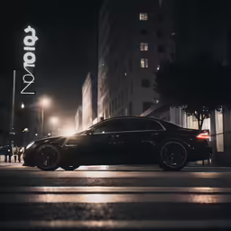 black car is parked on the side of the street