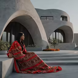 a woman in red dress sitting on steps