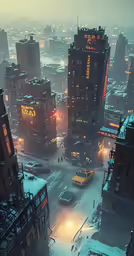 a view of a street that has cars on it, surrounded by buildings and snow