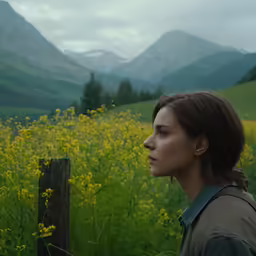 a woman standing in front of some mountains