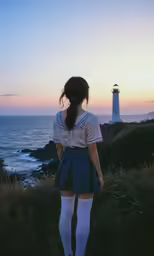 the young girl in a dress and knee high socks stands by the lighthouse