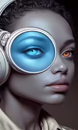 a woman with headphones on is wearing blue eyeballs