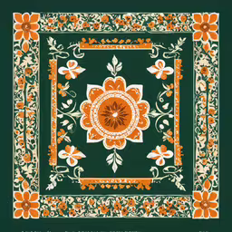 an orange and green flower border with an ornate design on it,a square scarf with flowers on it