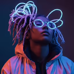 a young woman with curly hair and glasses with neon lights
