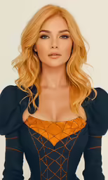 a woman with blonde hair wearing an orange and black top