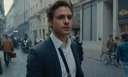 a man walking down the street with many people walking