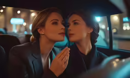 two women in a car having their picture taken