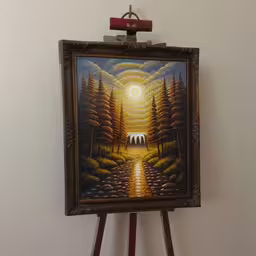a painting on canvas is hanging on a easel,an easel with a painting on top of it,a painting that is on top of a easel,there is a painting in this easel that says on it,an artwork hangs on the wall with a small easel