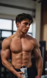 a man holds his body while standing in a gym