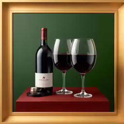 two wine glasses and one bottle of wine on a table