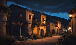 a street with lit buildings at night time,a brick road with many buildings on either side