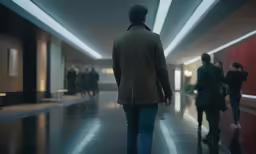 man in a business coat walking in an open building