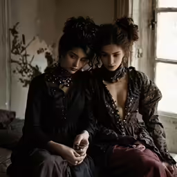 two young women wearing dark clothes are staring at something