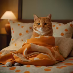 a orange cat laying on top of a bed