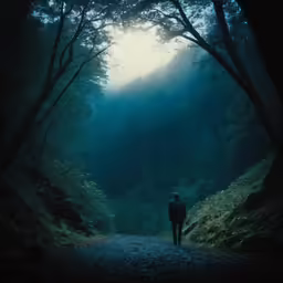 a man is walking alone on the dark road