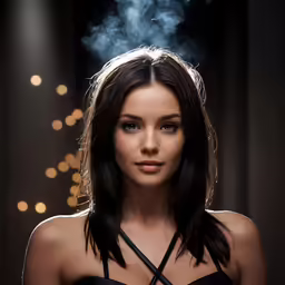a woman wearing a black dress smoking cigarette in the dark