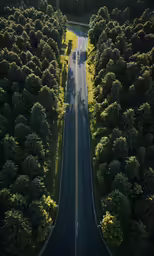 a long road through some trees in the distance