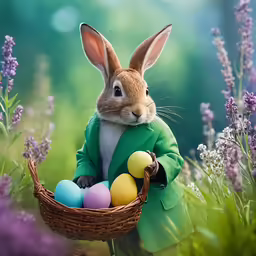 a bunny holding a basket with easter eggs
