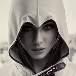 a black and white portrait of a woman in a hoodie