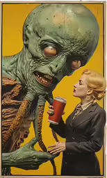 a woman holding a cup with an alien face on it