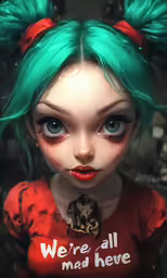 a creepy doll with green hair with words on it