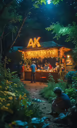people at a table outside in the woods