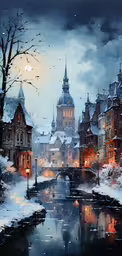 a painting of a snowy day with some buildings,a painting that looks like it has a snowy scene